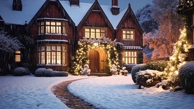 Christmas in the countryside manor, English country house mansion decorated for holidays on a snowy winter evening with snow and holiday lights, Merry Christmas and Happy Holidays design