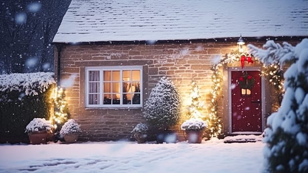 Christmas in the countryside, cottage and garden decorated for holidays on a snowy winter evening with snow and holiday lights, English country styling inspiration