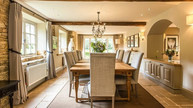 Cotswolds cottage style dining room decor, interior design and country house furniture, home decor, table and chairs, English countryside styling