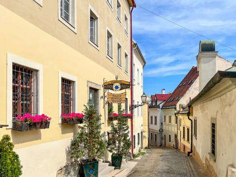 Cobbled old charming street at the foot of Bratislava Castle, Modra Hviezda restaurant