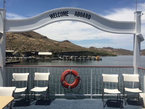 Welcome Aboard, Deck of a Boat with Chairs on Canyon Lake, Arizona. High quality photo