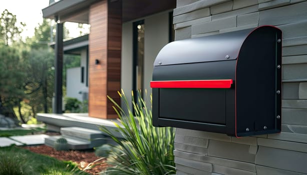 A black mailbox with a red stripe on the front by AI generated image.