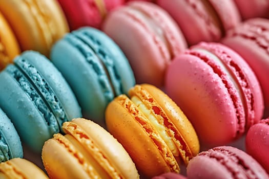 Horizontal background with dessert macarons of different flavors.