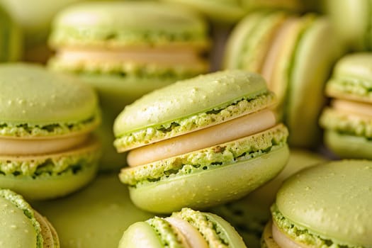 Homemade French macarons with mint crumble and pistachio filling.