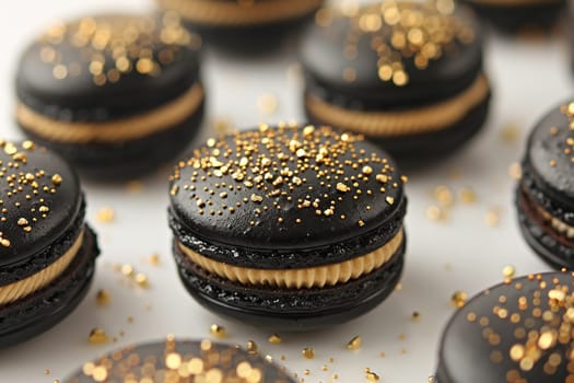 Black macaroons with golden macaroon filling, macaroon background.