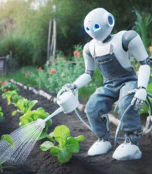 robot working in the farm vegetable garden to grow produce for human consumption ai generated