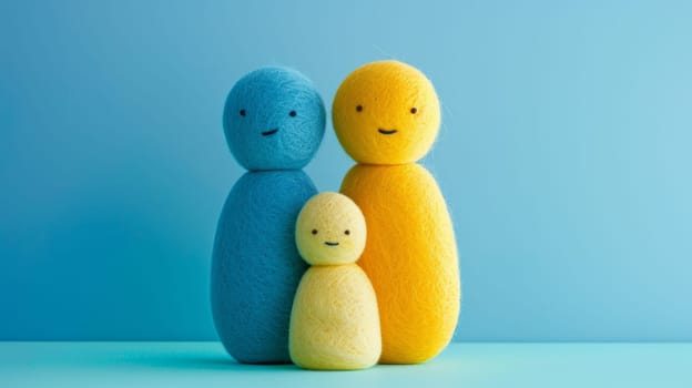Felt wool family figurines with smiling faces on blue background