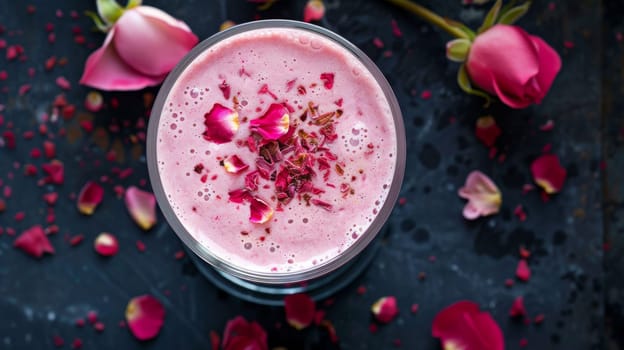 Smoothie with rose petals and scattered roses