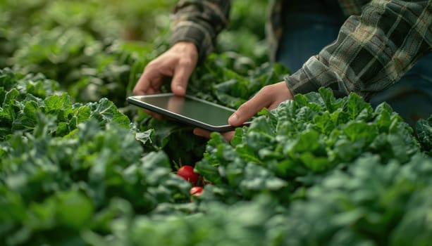 A man is holding a tablet in front of a garden of vegetables by AI generated image.
