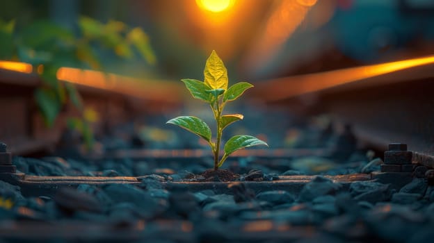 Small plant growing on railway tracks at sunset
