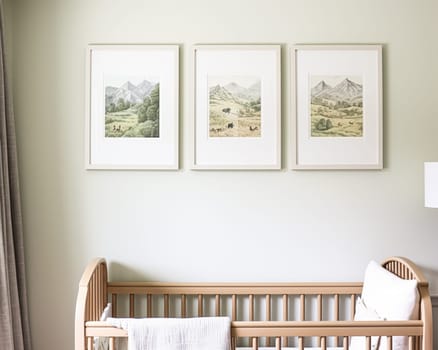 Nursery gallery wall, home decor and wall art, framed art in the English country cottage interior, room for diy printable artwork mockup and print shop idea