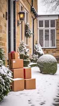 Christmas gifts delivery, postal service and holiday presents online shopping, wrapped parcel boxes on a country house doorstep in a snowing winter, post-processed, generative ai