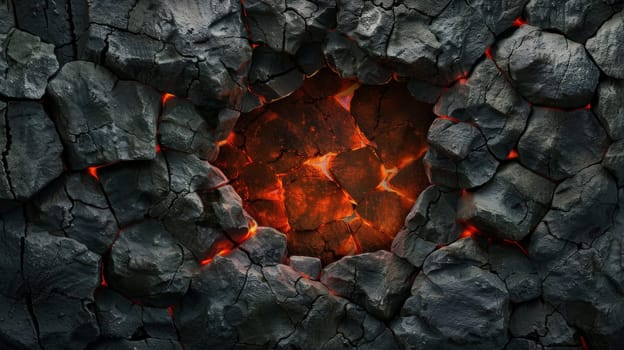 Burning embers in cracked black rock