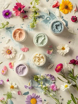 Face masks and creams arranged with flower petals on a white background.