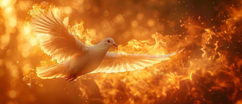 A bird is flying through a fire, surrounded by flames by AI generated image.