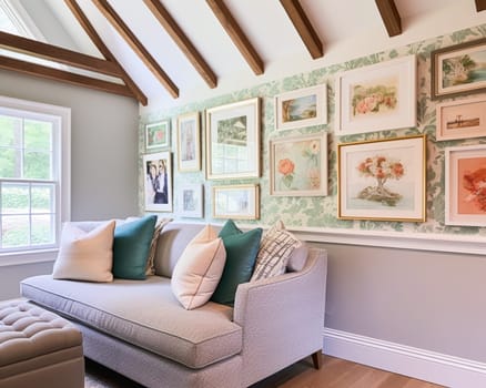 Living room gallery wall, home decor and wall art, framed art in the English country cottage interior, room for diy printable artwork mockup and print shop idea