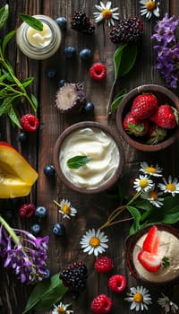 Creams and lotions arranged with fresh fruit and flowers on a rustic wooden background.