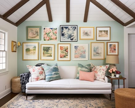 Living room gallery wall, home decor and wall art, framed art in the English country cottage interior, room for diy printable artwork mockup and print shop idea