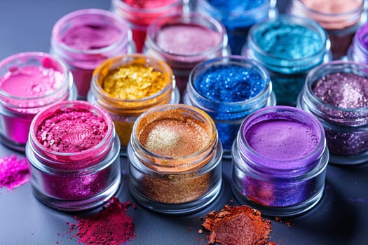 Assorted colorful makeup pigments and powders in small jars arranged on a black surface.