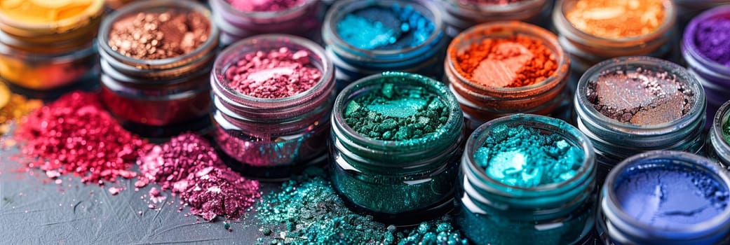 Assorted colorful makeup pigments and powders in small jars, showcasing a variety of textures and shades.