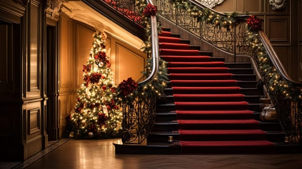 Christmas at the manor, grand entrance hall with staircase and Christmas tree, English countryside decoration and festive interior decor