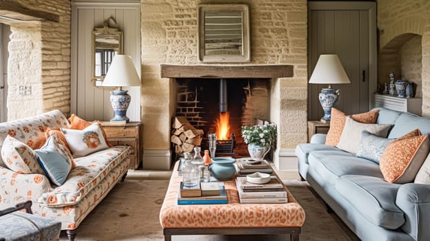 Cottage interior with modern design and antique furniture, home decor, sitting room and living room, sofa and fireplace in English country house and countryside style interiors