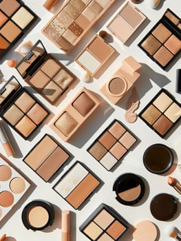 A flat lay showcasing a diverse collection of contouring and highlighting palettes, arranged in an organized pattern on a white background.