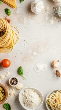 Pasta recipe preparation flatlay background with ingredients, spaghetti, olive oil, garlic, tomatoes and spices in the kitchen, homemade food recipe idea