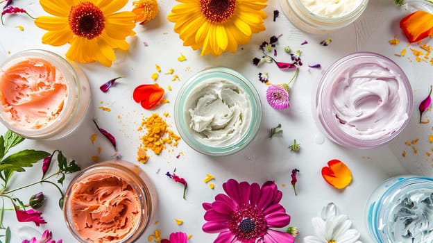 Close-up of various face masks and creams in jars on a white background, surrounded by flower petals.