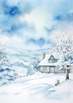 Merry Christmas and Happy Holidays, watercolour printable art print, English countryside cottage as snow winter holiday Christmas card, thank you and diy greeting card design, country style idea