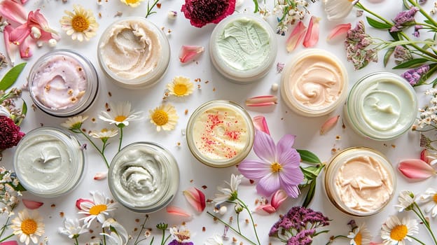 A close-up view of various face masks and creams in jars surrounded by delicate flower petals on a white background.