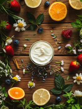 A top view of a wooden table with fresh ingredients for making natural creams and lotions.