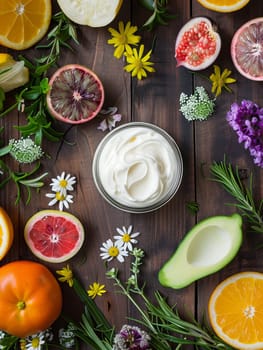 A close-up view of natural organic creams and lotions surrounded by fresh fruits, herbs, and flowers on a wooden background.