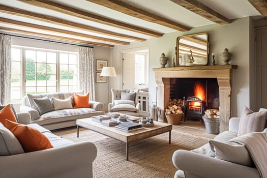 Modern cottage sitting room with fireplace, living room interior design and country house home decor, sofa and lounge furniture, English countryside style interiors