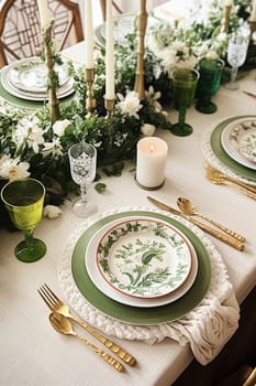 Green and white table decor, holiday tablescape and dinner table setting, formal event decoration for wedding, family celebration, English country and home styling inspiration