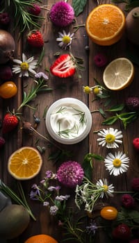 A close-up shot of a natural beauty cream surrounded by fresh fruits, herbs, and flowers on a rustic wooden table.