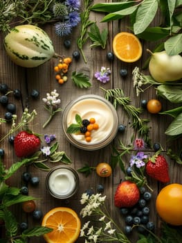 A close-up image showcasing natural skincare products surrounded by fresh fruits, herbs, and flowers.