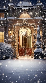 Christmas in the countryside manor, English country house mansion decorated for holidays on a snowy winter evening with snow and holiday lights, Merry Christmas and Happy Holidays design