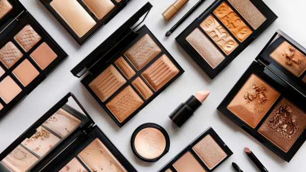 Closeup of various contouring palettes and highlighters arranged on a white background.