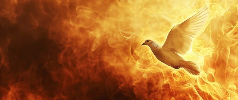 A bird is flying through a fire, surrounded by flames by AI generated image.