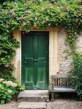 Entrance to a historic manor, framed by antique architectural elements and flanked by potted topiaries, features an aged door, the surrounding ivy and stonework add to the timeless elegance of the property