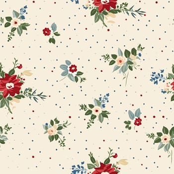 Seamless pattern, tileable Christmas holiday floral country dots print, English countryside flowers for wallpaper, wrapping paper, scrapbook, fabric and product design motif