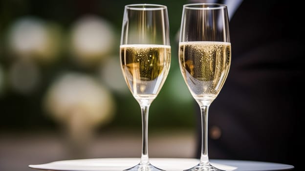 Luxury service, glasses of champagne served by a waiter at a wedding celebration or event in formal English style at luxurious hotel or country estate garden, post-processed, generative ai