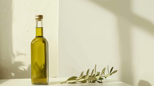 Olive oil bottle ad background with copyspace, vegetable oil commercial produce, food industry and retail concept