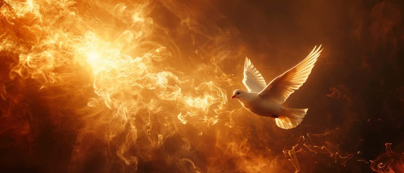 A bird is flying through a fire, surrounded by flames by AI generated image.