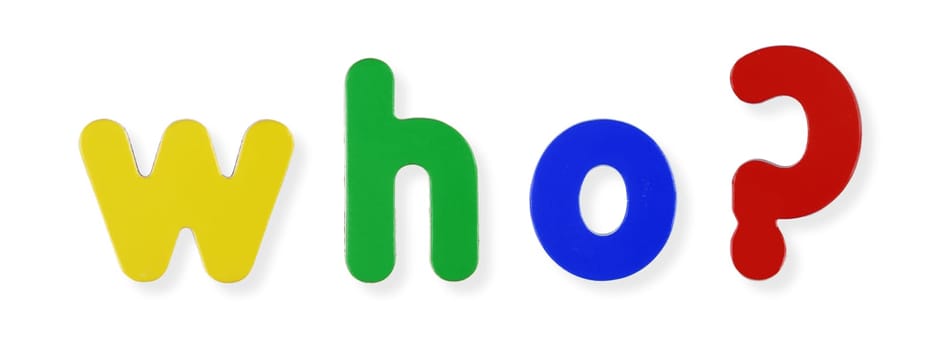 A who word in coloured magnetic letters on white with clipping path to remove shadow