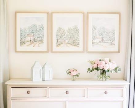 Nursery gallery wall, home decor and wall art, framed art in the English country cottage interior, room for diy printable artwork mockup and print shop idea