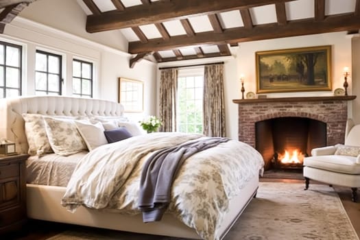 Bedroom decor, interior design and holiday rental, classic bed with elegant plush bedding and furniture, English country house and cottage style idea