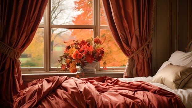 Bedroom decor, interior design and autumnal home decor, bed with silk satin bedding, bespoke furniture and autumn decoration, English country house, holiday rental and cottage style idea