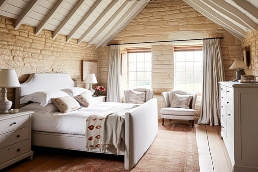 Cottage style bedroom decor, interior design and home decor, bed with elegant bedding and bespoke furniture, English country house or holiday rental interiors